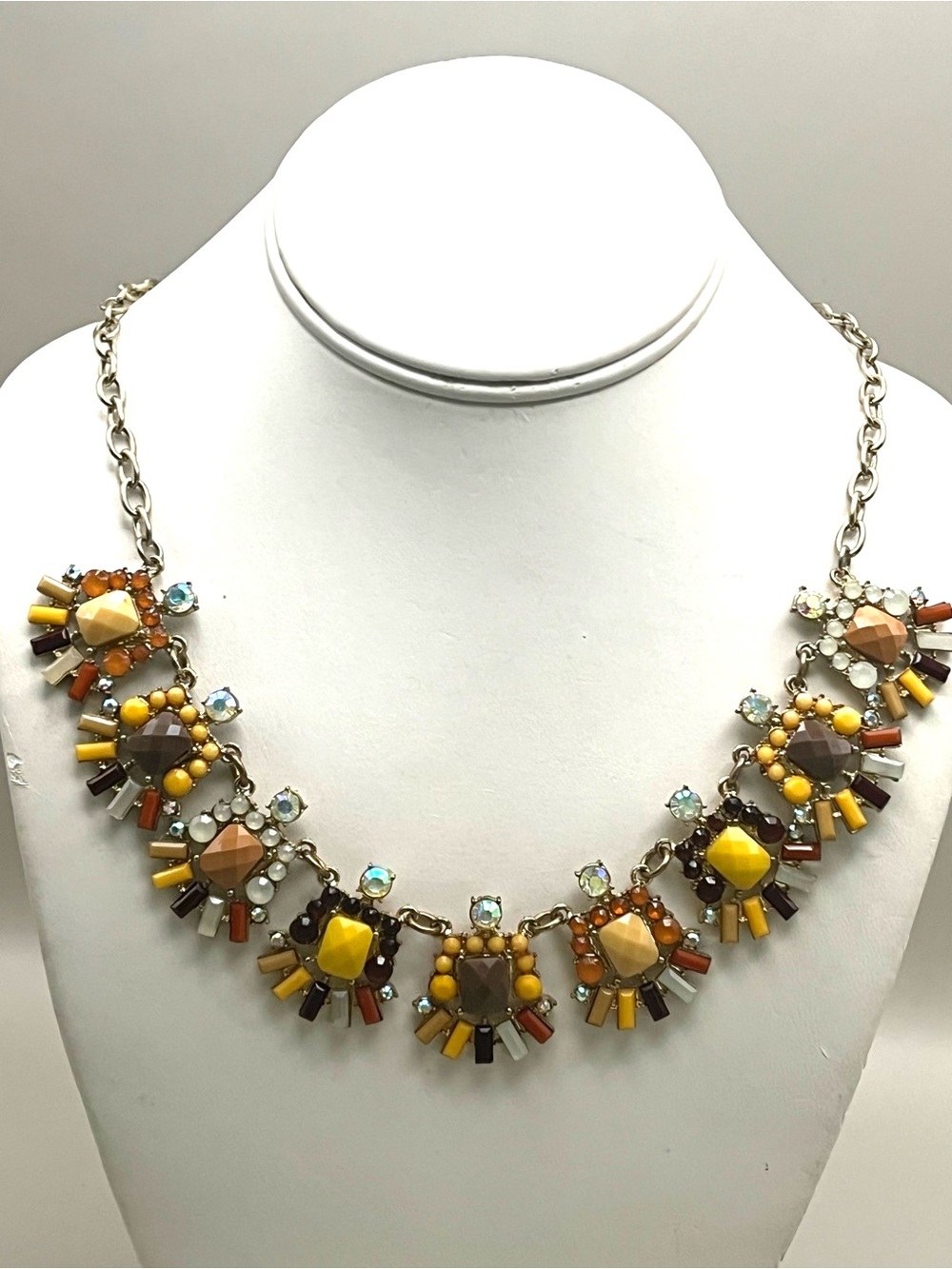 Disney Signed Gold Tone Statement Bib Necklace Mustard Yellow Brown Crystal Clus